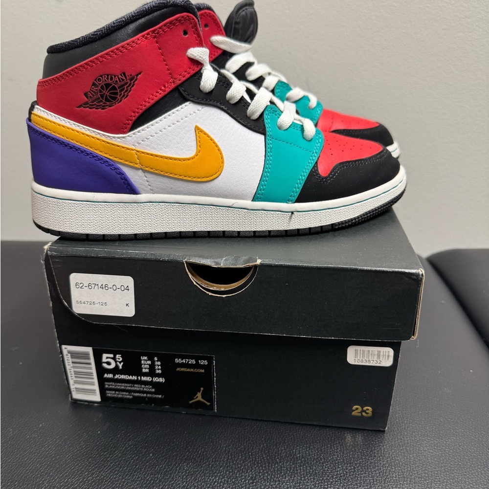 Jordan Air 1 Mid GS in White, Red, and Black